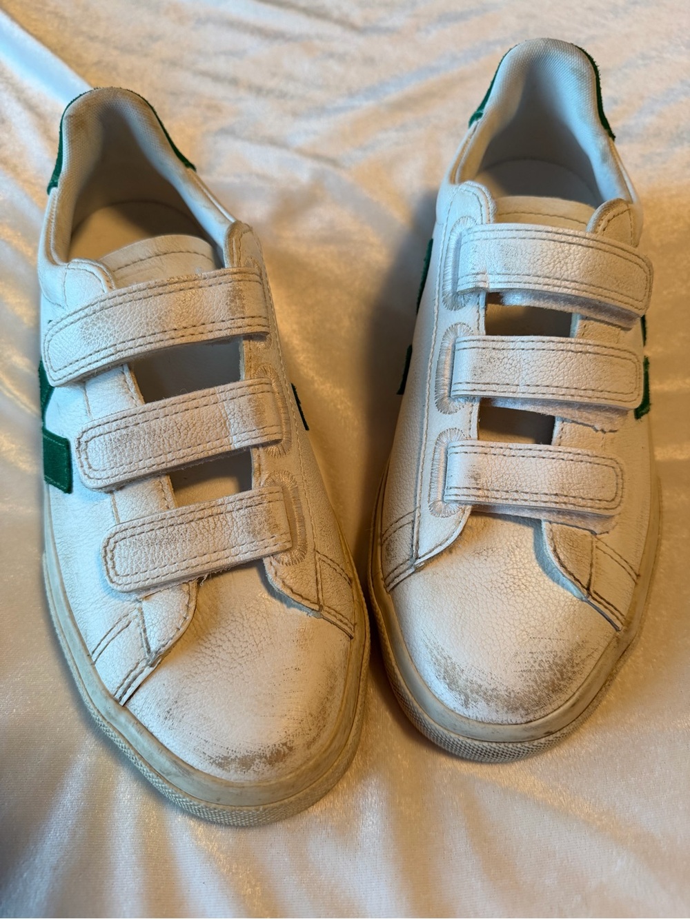 Veja White, Green suede accent Velcro Sneakers 39 / 8 distressed vintage look